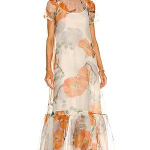 Staud Calluna Organanza Bow Tie Ruffle Hem Dress California Poppy Print Ivory XS